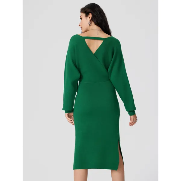 Cider Green Wrap Sweater Dress V-Neck Belted Back Cutout Midi CD20230904384 XS‎ - Image 2