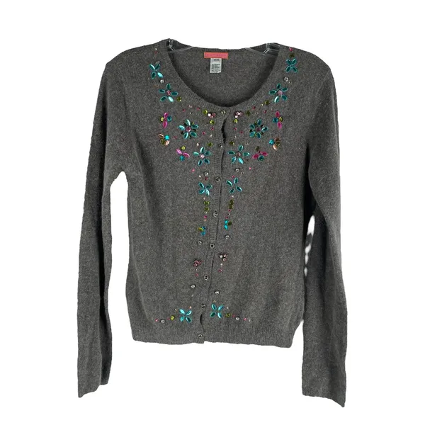 Glam Souls Cashmere Wool Blend Cardigan Rhinestone Brown Size S/M - Image 3