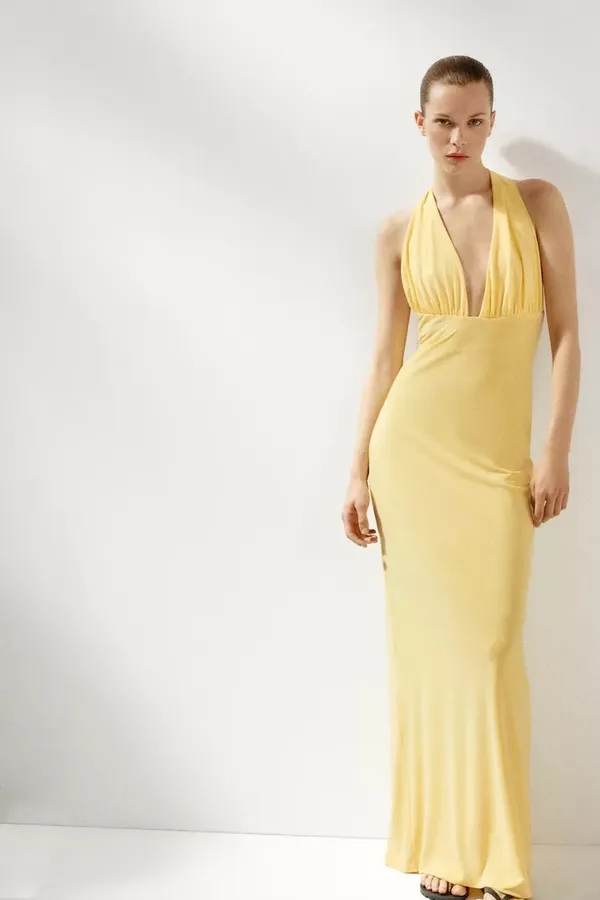 Zara Butter Yellow Halter Maxi Dress with Plunging Neckline Scarf Wedding Party - Image 14