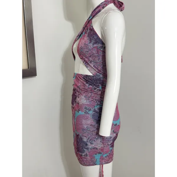 Edikted Women Pink Blue Paisley Mesh Halter Neck Cut Out Ruched Mini Dress Y2K S - Image 5