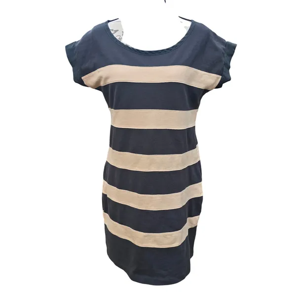 J. Crew Striped Cotton Pique T-Shirt Dress Gray Tan‎ Button Back Cap Sleeve M - Image 2
