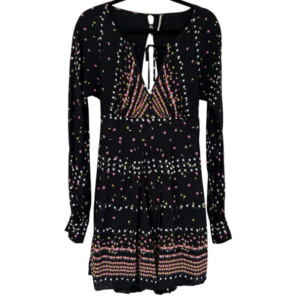Free People Coryn Boho Long Sleeve Printed Mini‎ Dress Black Size 6 Festival - Image 4