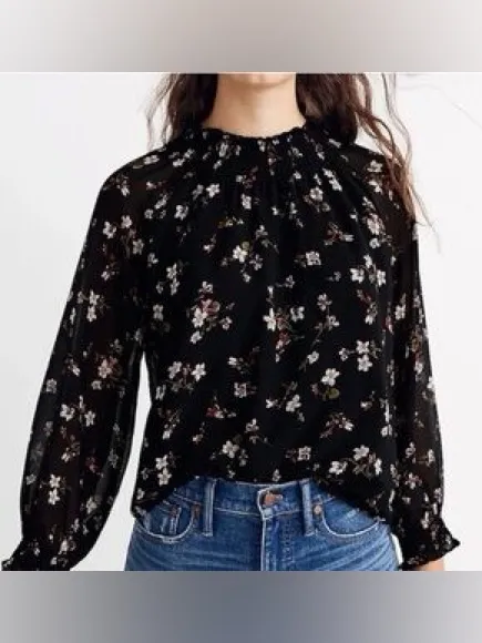 Madewell XL Black Floral Smocked Mock Neck Long Sleeve Blouse Romantic - Image 4
