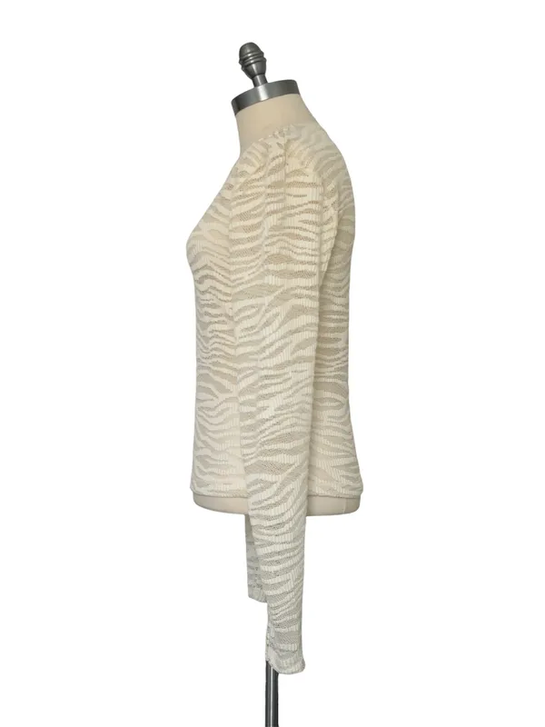 Just Polly NWT Sz M Cream Sheer Lace Top Textured Zebra Print Long Sleeve Crewneck - Image 2