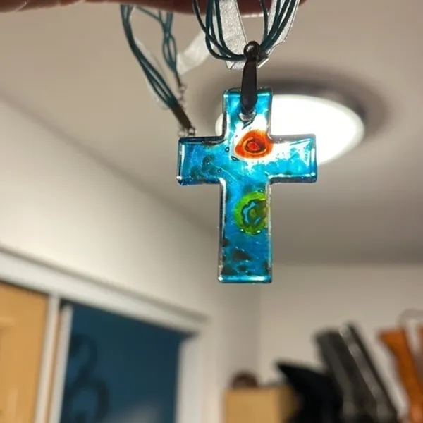Handmade Glass cross with ribbon necklace. - Image 2