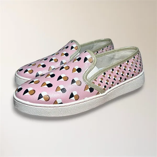 Coach 8B Pink Heart Print Slip On Sneakers Metallic Gold Trim FG2113‎ Travel - Image 7