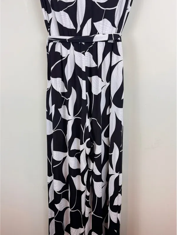 Lola + Kenni Black White Floral Wide Leg Wrap Jumpsuit Size L Belted Resort - Image 11