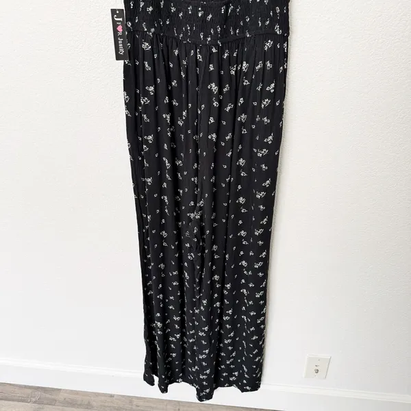 [Justify] Black Puff Sleeve Smocked Floral Print Wide Leg Jumpsuit NWT Sz Large - Image 6