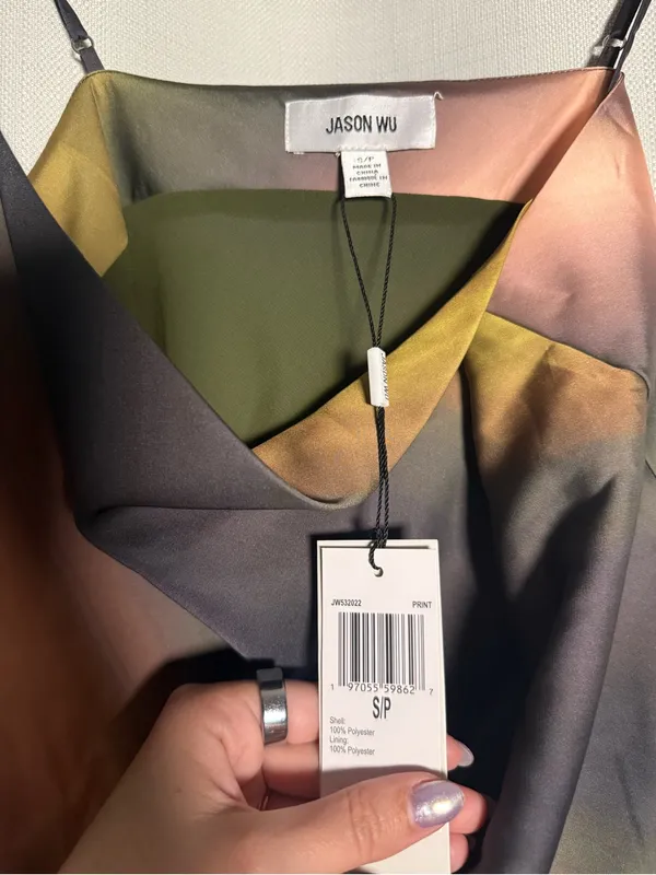 Jason Wu Satin Printed Green Cowl Neck Camo Blouse Size Small - Image 6