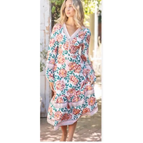 NEW Floral V Neck Flowy Tassel Maxi Long Puff Sleeves Casual Dress M 8/10 - Image 5