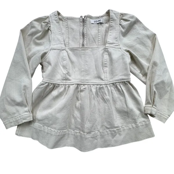 DO+BE Cream Heyward Denim Peplum Top Womens XS Ivory Square‎ Neck Puff Sleeve - Image 11