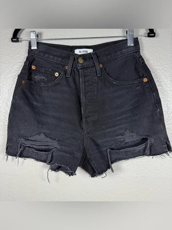 Re/Done Black High-Rise Distressed Denim Cutoff Shorts SZ:25 - Image 5