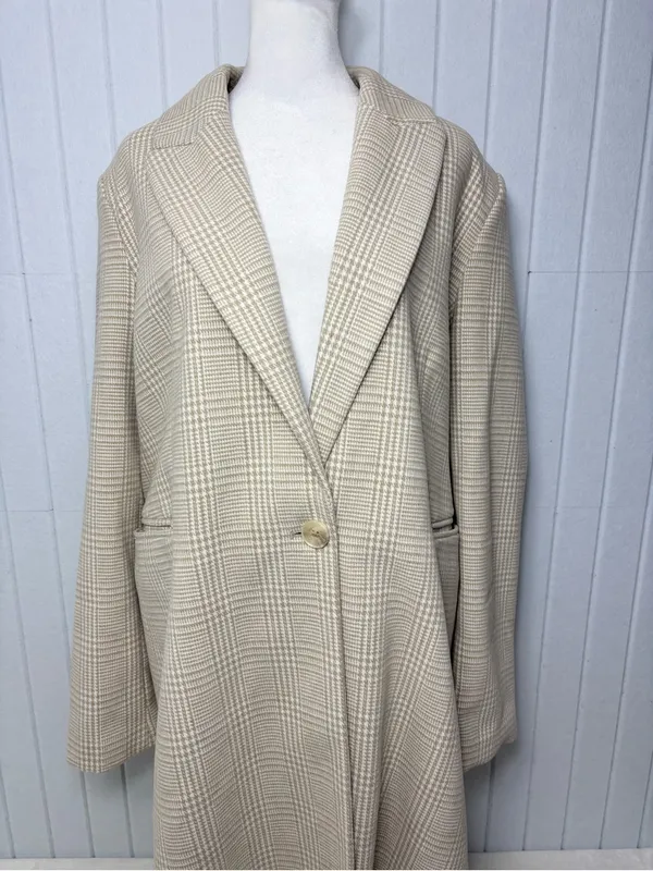 Primark Cream Plaid Long‎ Blazer Jacket Size 12 - Image 4