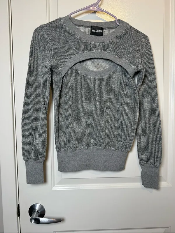 Monrow Gray Crewneck Sweater with Chest Cutout - Image 2