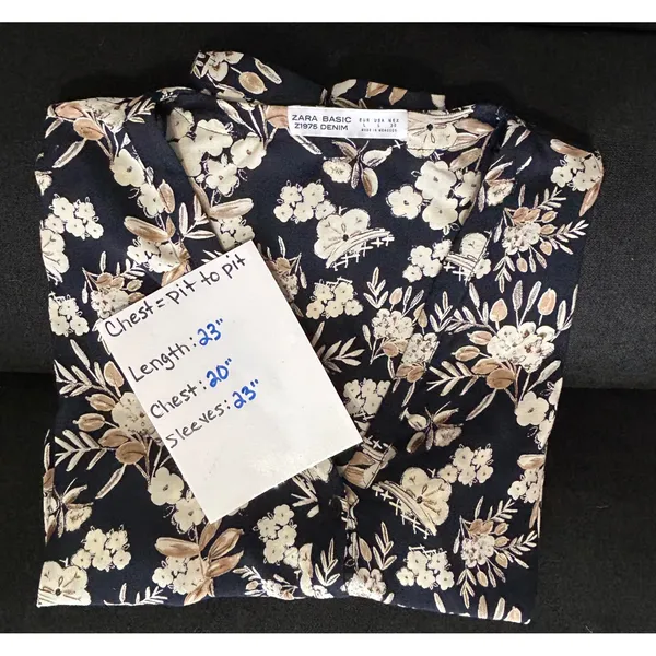 Zara Basic Black Floral Button Down Blouse‎ Women's Large Long Sleeve Top NWOT - Image 3