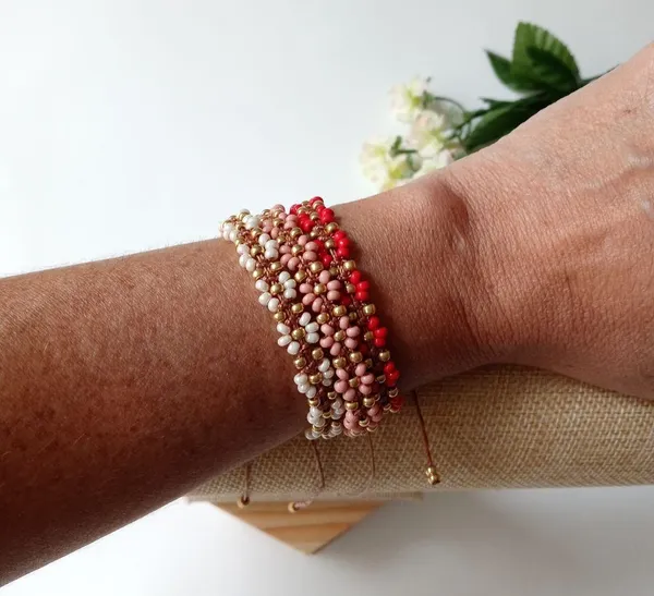 Bracelet Flower Hand Made Adjustable Red - Image 7