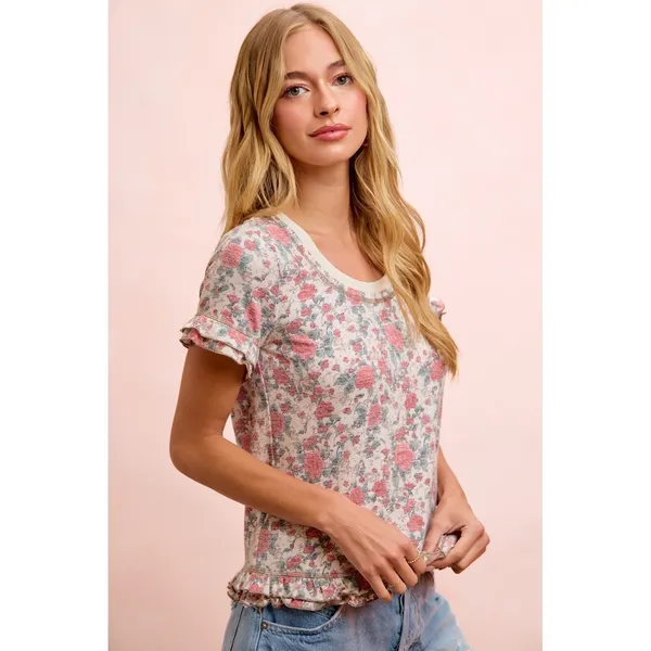 BiBi Rose‎ Printed Slub Knit Ruffled Sleeves Top - Image 2