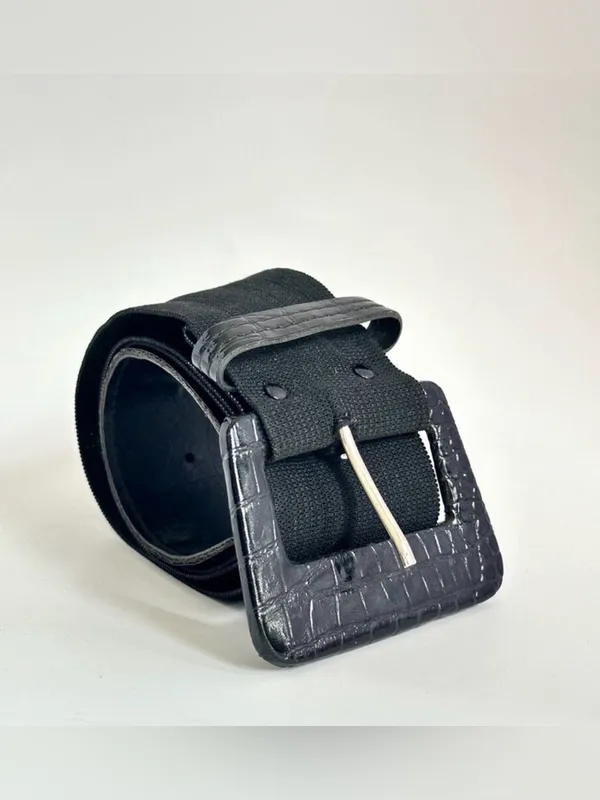 80s Vintage The Limited Black Faux Crocodile Elastic Cinch Belt - Image 3