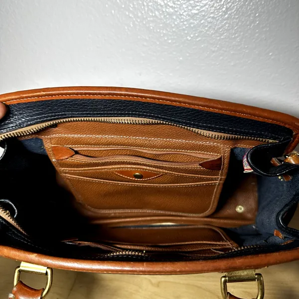 Vintage Dooney & Bourke Satchel All Weather Leather Pebble Brass Buckle Navy - Image 5