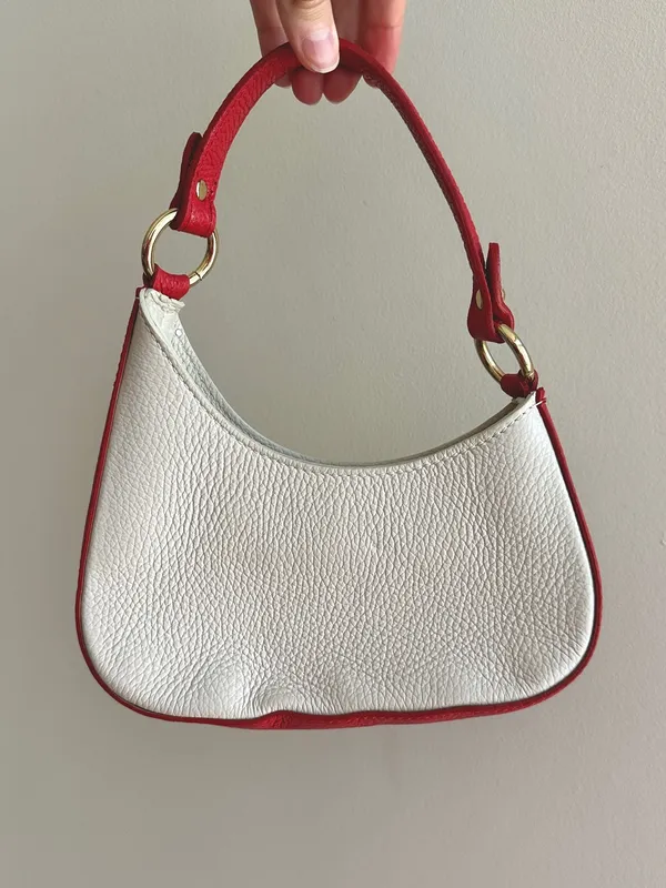 Micro Italian Leather Handbag / Crossbody Bag, Red/White, Mini Halfmoon - Image 3