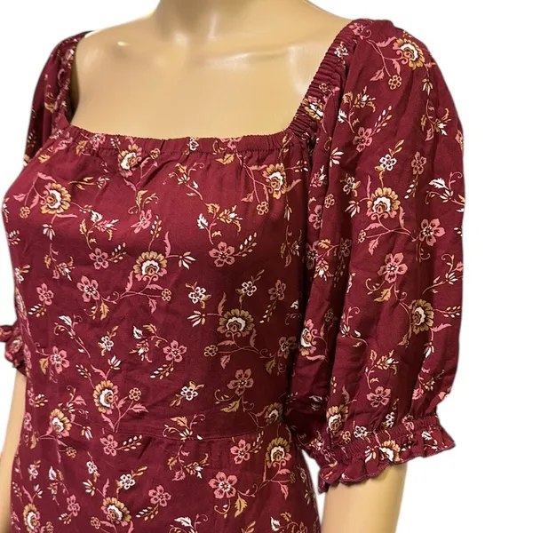 Mod Lusive Rayon Burgundy Floral Print Smocked Back Puff Sleeve Maxi Dress XL - Image 3