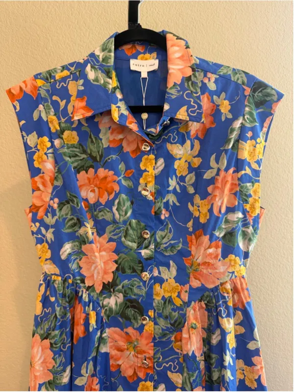 Entro Botanical Print Cap Sleeve Midi Dress in Blue Size S - Image 3