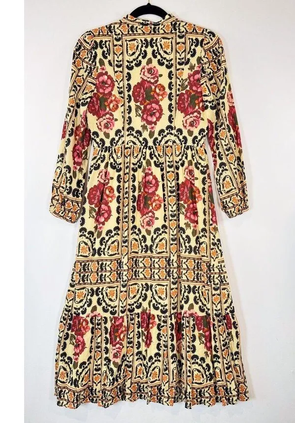 A Loves A Womens Dress Brown Vintage Floral Split V Neck Midi A Line Boho XS - Image 9