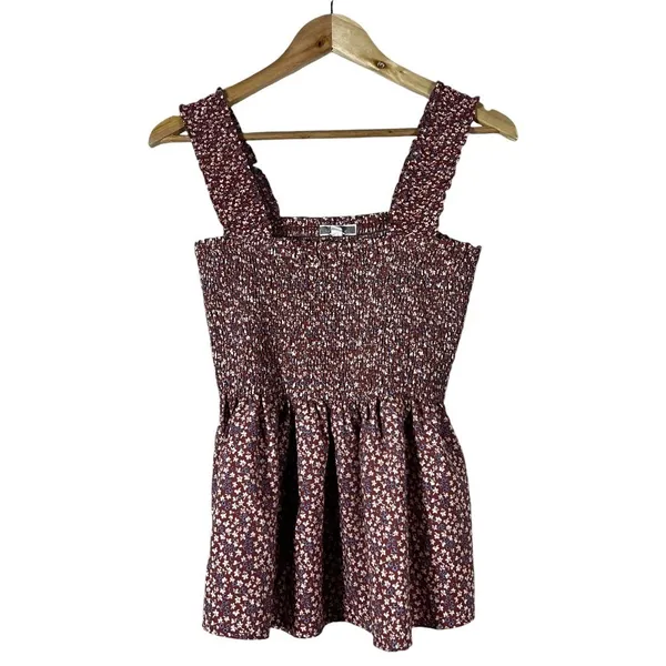 Pleione Smocked Ditsy Floral Peplum Tank Top Burgundy Boho Ruffle Strap Size M - Image 2