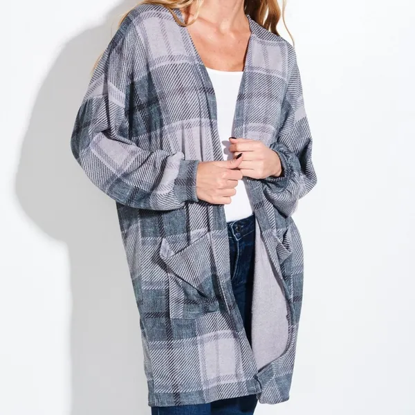 Boho Chic Plaid Rustic Green Pockets Loose fit Open Cardi Cuff Sleeve Duster - Image 3