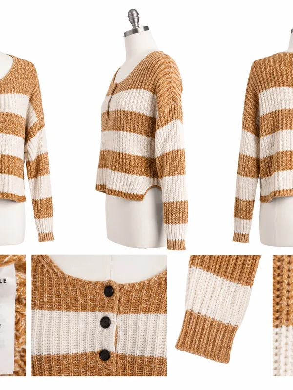 American Eagle Cropped Striped Henley Sweater Size Medium Tan Cream Chunky Knit - Image 6