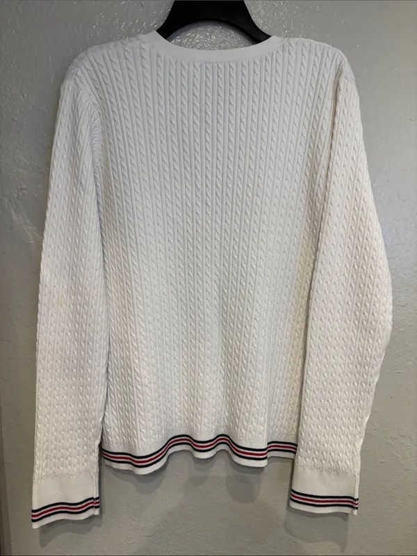 Lauren Ralph Lauren White Cable Knit Cardigan with Navy & Red Trim Preppy School - Image 5