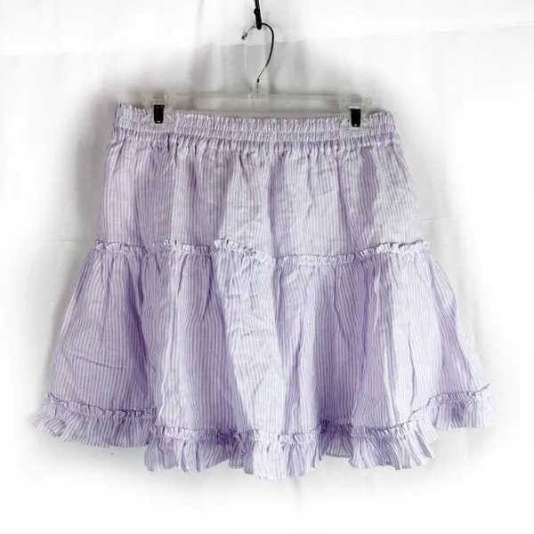 HILL HOUSE The Paz Linen Mini Skirt in Lilac Purple Stripe Ruffle XL - Image 4
