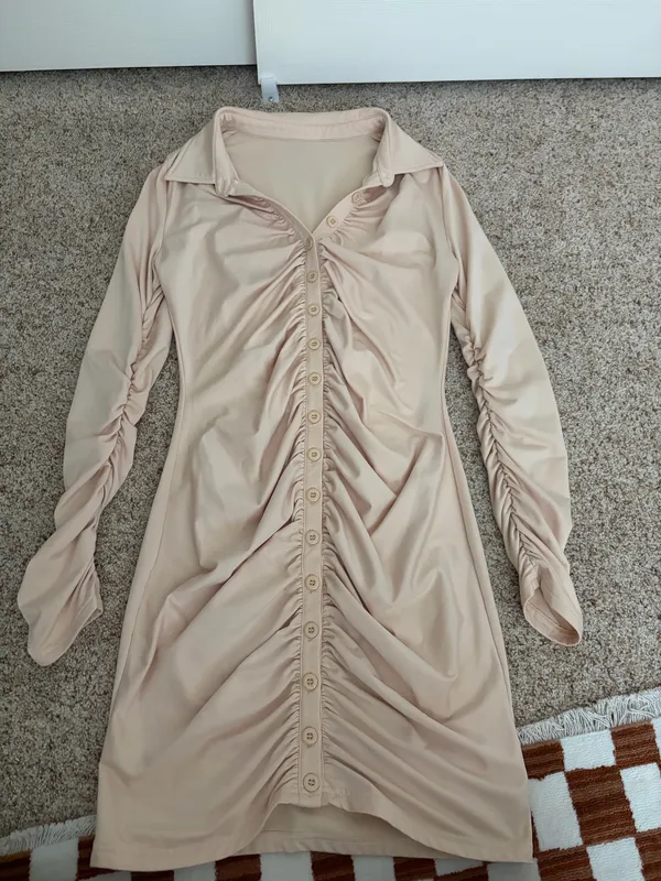 Khaki Long Sleeve Ruched Dress Tan Size L - Image 4