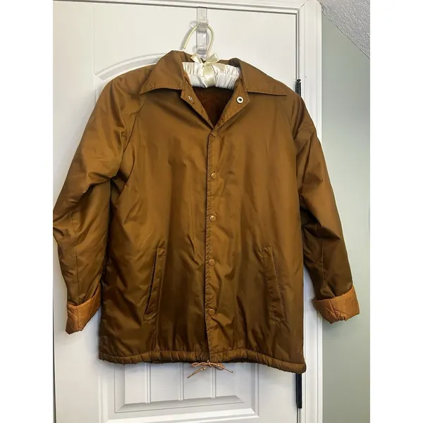 Vintage Camel Brown Faux Fur Lined Coat Jacket Snap Front Unisex Size L-XL Warm - Image 10