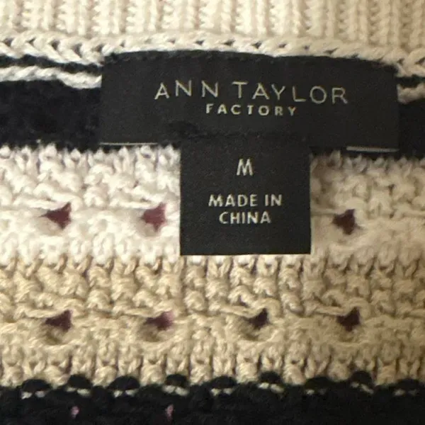 Ann Taylor Striped Crewneck Sweater in Black & Cream with Taupe Accents Sz M - Image 5