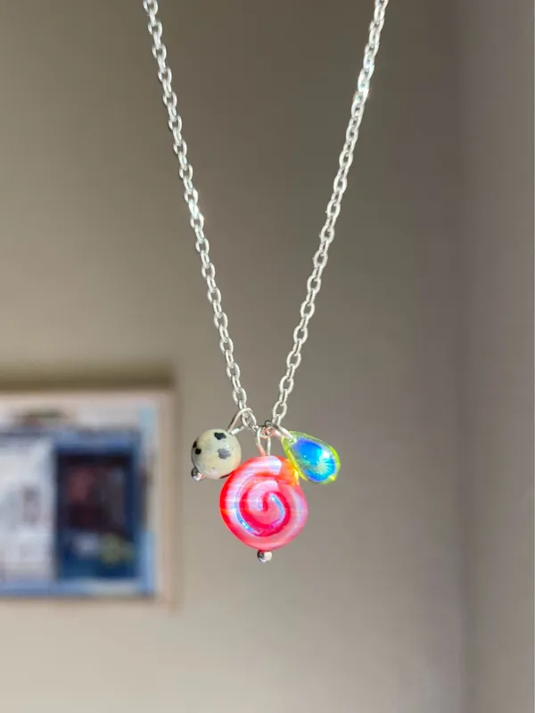 Handmade stainless steel chain & Czech glass mix boho funky necklace 🌀🩷 - Image 3