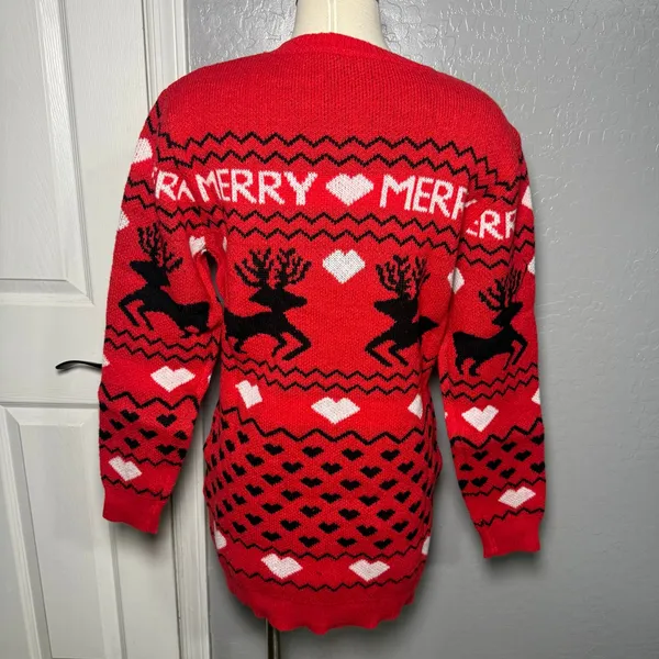 Merry Christmas Sweater Dress Womens Medium Red Reindeer Hearts Fair Isle - Image 2