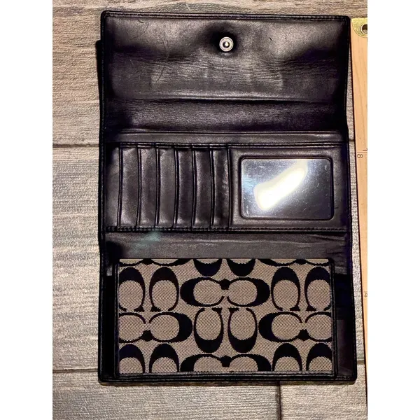 Vintage Coach Signature C Jacquard Trifold Wallet Black Leather Long Checkbook - Image 5