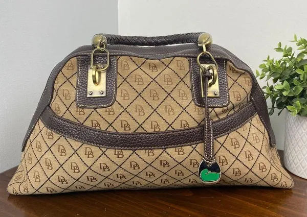 Dooney And Bourke Vintage Leather Brown Leather Signature Canvas Satchel Handbag - Image 2