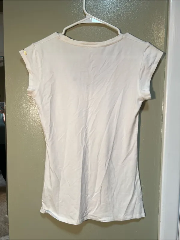 Ella Yoga Women's Size Small Scoop Neck Cap Sleeve T-Shirt White Stretch Viscose - Image 6