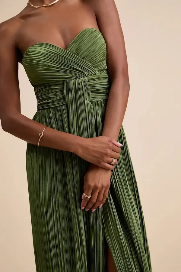 Oswin Olive Green Satin Plisse Strapless Maxi Dress - Image 2