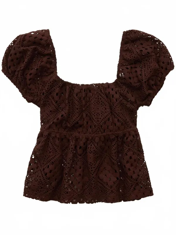 AE Lace Tie-Front Puff Sleeve Tee American Eagle NWT Chocolate Small - Image 4