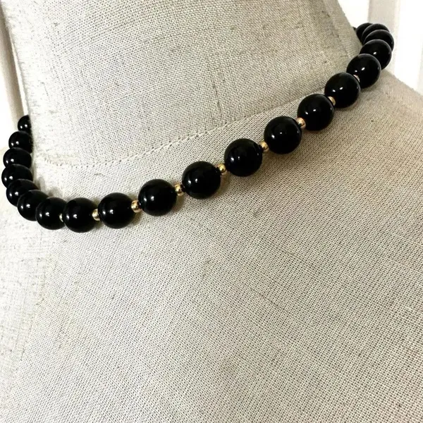 Monet vintage black beaded and gold tone spacers choker necklace - Image 2