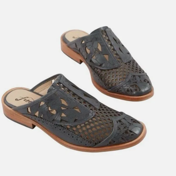 Free People Black Leather Laser-Cut Mule with Natural Wood Sole - Image 2