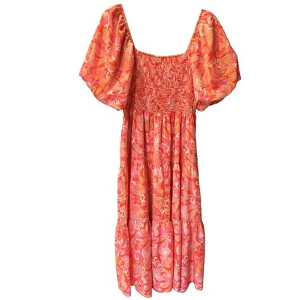 BTFBM Pink Orange Floral Chiffon Smocked Puff Sleeve Square Neck Midi Dress M - Image 2