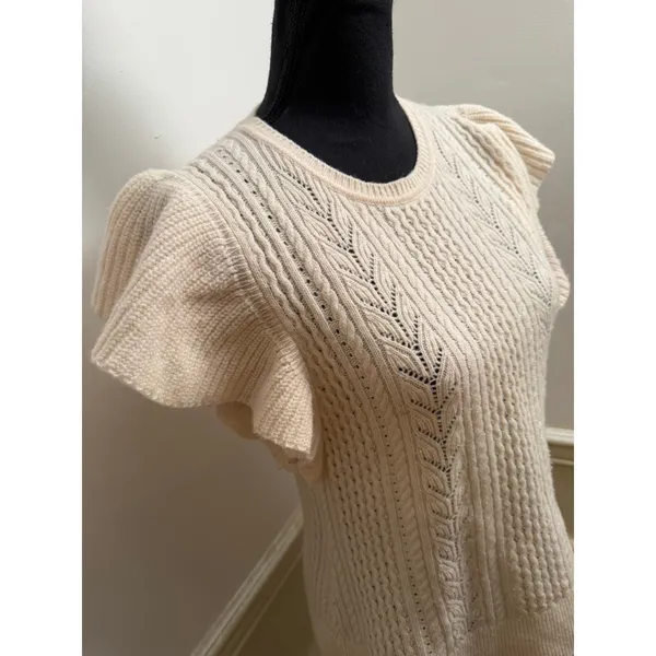 Banana Republic Junie Wool Cable Knit Sweater Cream Ruffle Flutter Cap Sleeve - Image 2