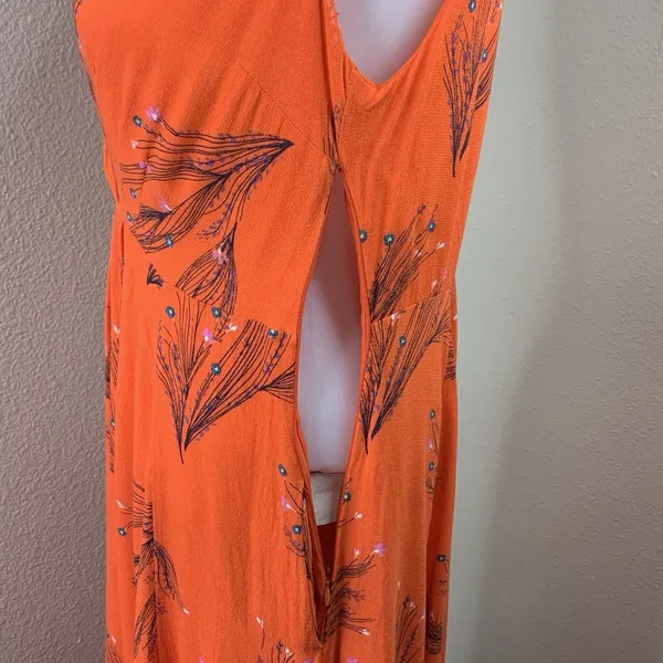 Free People Dress Sz 6 V Neck Orange Red Botanical Long Flutter Cap Sleeve Boho - Image 5