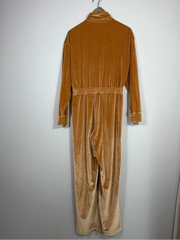 Fabletics Gold Velvet Jumpsuit Long Sleeve Zip Front Wide Leg Size M - Image 2