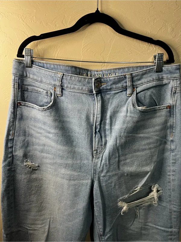 American Eagle Mom Straight High Rise Distressed Light Wash Denim Jeans - Image 3