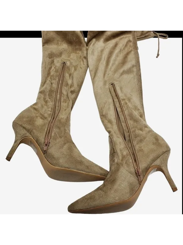 Suede Pointed Toe Over The Knees Thigh High Stretchy Heeled Boot - Image 10